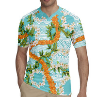Aloha Festive Hawaii Rugby Jersey Mokihana - Maile and Ilima on Turquoise - Polynesian Pride