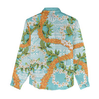 Aloha Festive Hawaii Women Casual Shirt Mokihana - Maile and Ilima on Turquoise - Polynesian Pride