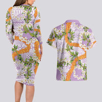 Aloha Festive Hawaii Couples Matching Long Sleeve Bodycon Dress and Hawaiian Shirt Mokihana - Maile and Ilima on Lilac - Polynesian Pride