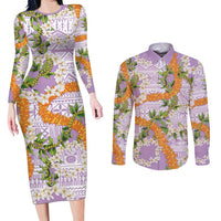 Aloha Festive Hawaii Couples Matching Long Sleeve Bodycon Dress and Long Sleeve Button Shirt Mokihana - Maile and Ilima on Lilac - Polynesian Pride