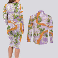 Aloha Festive Hawaii Couples Matching Long Sleeve Bodycon Dress and Long Sleeve Button Shirt Mokihana - Maile and Ilima on Lilac - Polynesian Pride