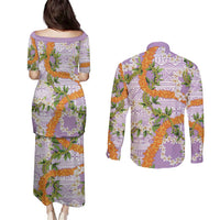 Aloha Festive Hawaii Couples Matching Puletasi and Long Sleeve Button Shirt Mokihana - Maile and Ilima on Lilac - Polynesian Pride
