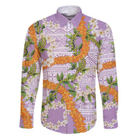 Aloha Festive Hawaii Family Matching Off Shoulder Short Dress and Hawaiian Shirt Mokihana - Maile and Ilima on Lilac - Polynesian Pride