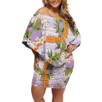 Aloha Festive Hawaii Family Matching Off Shoulder Short Dress and Hawaiian Shirt Mokihana - Maile and Ilima on Lilac - Polynesian Pride