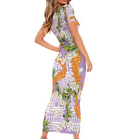 Aloha Festive Hawaii Family Matching Short Sleeve Bodycon Dress and Hawaiian Shirt Mokihana - Maile and Ilima on Lilac - Polynesian Pride