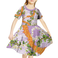 Aloha Festive Hawaii Kid Short Sleeve Dress Mokihana - Maile and Ilima on Lilac - Polynesian Pride