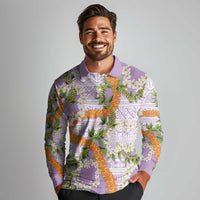 Aloha Festive Hawaii Long Sleeve Polo Shirt Mokihana - Maile and Ilima on Lilac - Polynesian Pride