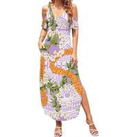 Aloha Festive Hawaii Summer Maxi Dress Mokihana - Maile and Ilima on Lilac - Polynesian Pride
