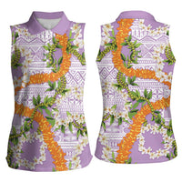 Aloha Festive Hawaii Women Sleeveless Polo Shirt Mokihana - Maile and Ilima on Lilac - Polynesian Pride