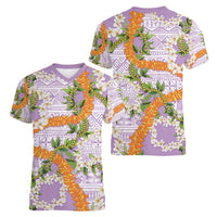 Aloha Festive Hawaii Women V-Neck T-Shirt Mokihana - Maile and Ilima on Lilac - Polynesian Pride