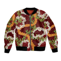 Aloha Festive Hawaii Bomber Jacket Mokihana - Maile and Ilima on Crimson LT7 Unisex Crimson - Polynesian Pride