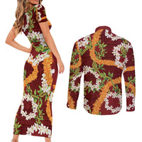 Aloha Festive Hawaii Couples Matching Short Sleeve Bodycon Dress and Long Sleeve Button Shirt Mokihana - Maile and Ilima on Crimson - Polynesian Pride