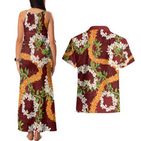 Aloha Festive Hawaii Couples Matching Tank Maxi Dress and Hawaiian Shirt Mokihana - Maile and Ilima on Crimson - Polynesian Pride