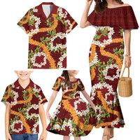 Aloha Festive Hawaii Family Matching Mermaid Dress and Hawaiian Shirt Mokihana - Maile and Ilima on Crimson - Polynesian Pride