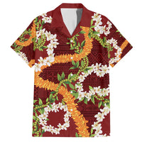 Aloha Festive Hawaii Family Matching Off Shoulder Maxi Dress and Hawaiian Shirt Mokihana - Maile and Ilima on Crimson LT7 Dad's Shirt - Short Sleeve Crimson - Polynesian Pride