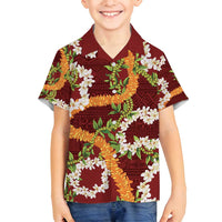 Aloha Festive Hawaii Family Matching Off Shoulder Maxi Dress and Hawaiian Shirt Mokihana - Maile and Ilima on Crimson LT7 Son's Shirt Crimson - Polynesian Pride
