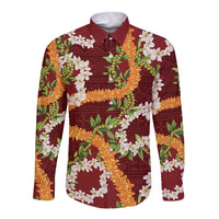 Aloha Festive Hawaii Long Sleeve Button Shirt Mokihana - Maile and Ilima on Crimson - Polynesian Pride