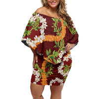 Aloha Festive Hawaii Off Shoulder Short Dress Mokihana - Maile and Ilima on Crimson LT7 Women Crimson - Polynesian Pride