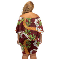 Aloha Festive Hawaii Off Shoulder Short Dress Mokihana - Maile and Ilima on Crimson LT7 - Polynesian Pride