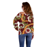 Aloha Festive Hawaii Off Shoulder Sweater Mokihana - Maile and Ilima on Crimson - Polynesian Pride