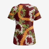 Aloha Festive Hawaii Scrub Top Mokihana - Maile and Ilima on Crimson - Polynesian Pride