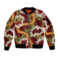 Aloha Festive Hawaii Sleeve Zip Bomber Jacket Mokihana - Maile and Ilima on Crimson LT7 Unisex Crimson - Polynesian Pride