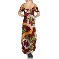 Aloha Festive Hawaii Summer Maxi Dress Mokihana - Maile and Ilima on Crimson - Polynesian Pride
