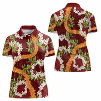 Aloha Festive Hawaii Women Polo Shirt Mokihana - Maile and Ilima on Crimson - Polynesian Pride