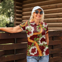 Aloha Festive Hawaii Women Polo Shirt Mokihana - Maile and Ilima on Crimson - Polynesian Pride
