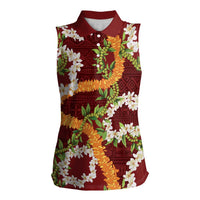 Aloha Festive Hawaii Women Sleeveless Polo Shirt Mokihana - Maile and Ilima on Crimson - Polynesian Pride