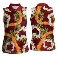 Aloha Festive Hawaii Women Sleeveless Polo Shirt Mokihana - Maile and Ilima on Crimson - Polynesian Pride