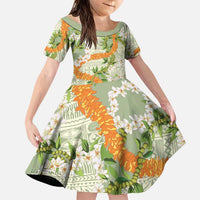 Aloha Festive Hawaii Family Matching Puletasi and Hawaiian Shirt Mokihana - Maile Leis in Muted Summer LT7 Daughter's Dress Sage Green - Polynesian Pride