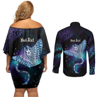 Polynesian Tala Manta Ray Couples Matching Off Shoulder Short Dress and Long Sleeve Button Shirt Nowhere You Could Go That I Won't Be With You - Polynesian Pride