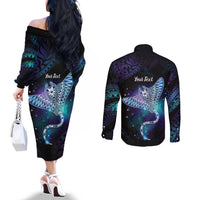 Polynesian Tala Manta Ray Couples Matching Off The Shoulder Long Sleeve Dress and Long Sleeve Button Shirt Nowhere You Could Go That I Won't Be With You - Polynesian Pride