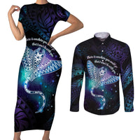 Polynesian Tala Manta Ray Couples Matching Short Sleeve Bodycon Dress and Long Sleeve Button Shirt Nowhere You Could Go That I Won't Be With You - Polynesian Pride