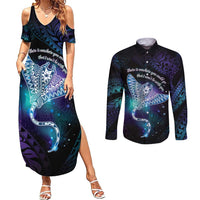 Polynesian Tala Manta Ray Couples Matching Summer Maxi Dress and Long Sleeve Button Shirt Nowhere You Could Go That I Won't Be With You - Polynesian Pride