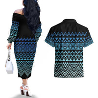 Maori Niho Taniwha Te Wheiao Couples Matching Off The Shoulder Long Sleeve Dress and Hawaiian Shirt Moana Blue - Polynesian Pride