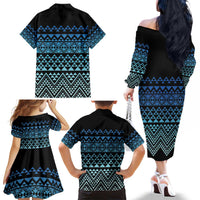 Maori Niho Taniwha Te Wheiao Family Matching Off The Shoulder Long Sleeve Dress and Hawaiian Shirt Moana Blue - Polynesian Pride