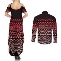 Maori Niho Taniwha Te Wheiao Couples Matching Summer Maxi Dress and Long Sleeve Button Shirt Terracotta - Polynesian Pride