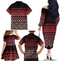 Maori Niho Taniwha Te Wheiao Family Matching Off The Shoulder Long Sleeve Dress and Hawaiian Shirt Terracotta - Polynesian Pride