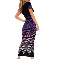 Maori Niho Taniwha Te Wheiao Short Sleeve Bodycon Dress Waiporoporo - Polynesian Pride