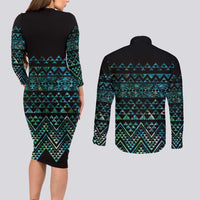 Maori Niho Taniwha Te Wheiao Couples Matching Long Sleeve Bodycon Dress and Long Sleeve Button Shirt Paua Shell - Polynesian Pride