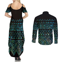 Maori Niho Taniwha Te Wheiao Couples Matching Summer Maxi Dress and Long Sleeve Button Shirt Paua Shell - Polynesian Pride