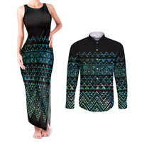 Maori Niho Taniwha Te Wheiao Couples Matching Tank Maxi Dress and Long Sleeve Button Shirt Paua Shell - Polynesian Pride
