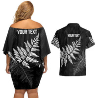 New Zealand Lawn Bowls Personalized Couples Matching Off Shoulder Short Dress and Hawaiian Shirt Wrap-Around Silver Fern - Polynesian Pride