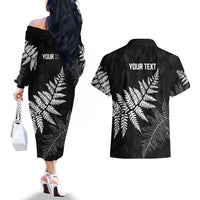 New Zealand Lawn Bowls Personalized Couples Matching Off The Shoulder Long Sleeve Dress and Hawaiian Shirt Wrap-Around Silver Fern - Polynesian Pride
