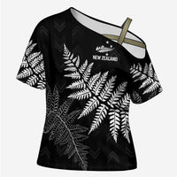 New Zealand Lawn Bowls Personalized Cross Shoulder Shirt Wrap-Around Silver Fern LT7 Female Black - Polynesian Pride