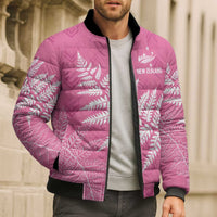 New Zealand Lawn Bowls Breast Cancer Personalized Bomber Puffer Jacket Wrap-Around Silver Fern - Polynesian Pride