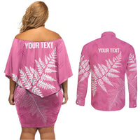 New Zealand Lawn Bowls Breast Cancer Personalized Couples Matching Off Shoulder Short Dress and Long Sleeve Button Shirt Wrap-Around Silver Fern - Polynesian Pride
