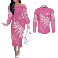 New Zealand Lawn Bowls Breast Cancer Personalized Couples Matching Off The Shoulder Long Sleeve Dress and Long Sleeve Button Shirt Wrap-Around Silver Fern - Polynesian Pride